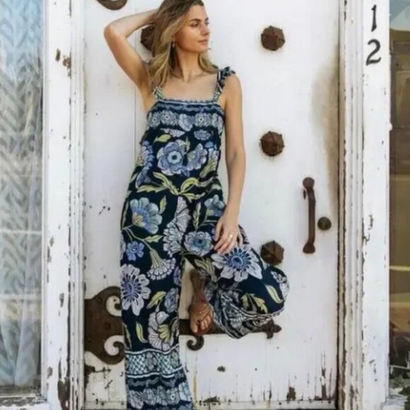 Free People Bali Albright Jumpsuit Navy Combo Size XS NWT Boho Wide Leg - Picture 10 of 10